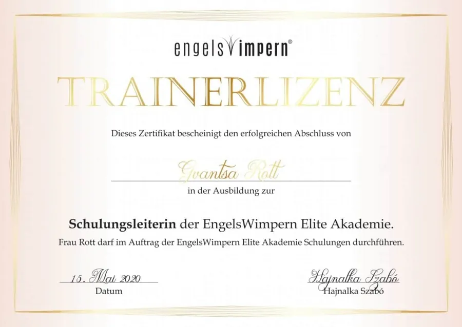 Trainerlizenz der EngelsWimpern Elite Akademie für Gvantsa Rott