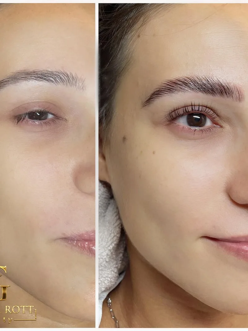 Gesicht vor und nach Augenbrauen- und Wimpernbehandlung, zwei Hälften nebeneinander