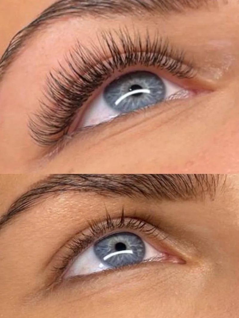 Volumenwimpern an einem blauen Auge, zwei Aufnahmen übereinander
