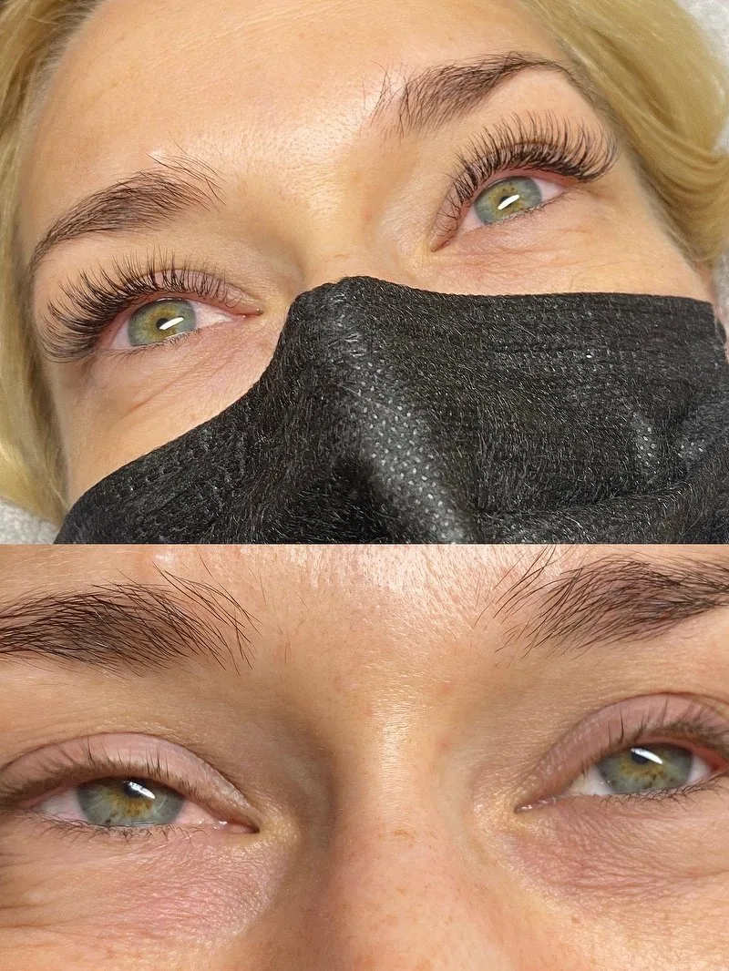 Wimpernverlängerung, zwei Aufnahmen übereinander, Kundin mit Maske